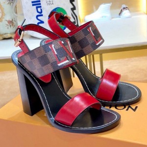 Louis Vuitton Passenger Oversized LV High-Heel Sandals in Damier Canvas and Red Patent Leather 2019 (1054-9062843 )